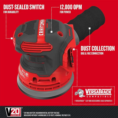 V20 Cordless 5 Inch Orbital Sander Bare Tool With 12,000 OPM featuring dust-sealed switch, integrated dust collection, and ergonomic design