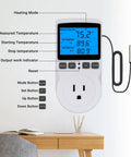 Digital Plug In Thermostat Outlet With Temperature Control And Timer, 1800W 110V 15A, Backlit Display, Heating Mode Active