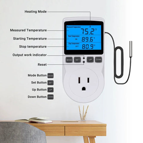 Digital Plug In Thermostat Outlet With Temperature Control And Timer, 1800W 110V 15A, Backlit Display, Heating Mode Active