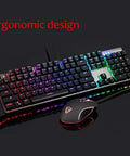 Top Tier Legit Gaming Mechanical Keyboard And Adjustable DPI Mouse Combo With Long Wired Cable For PC Laptop Desk Setup Featuring RGB LED Backlights and Non Slip Grip Pad.