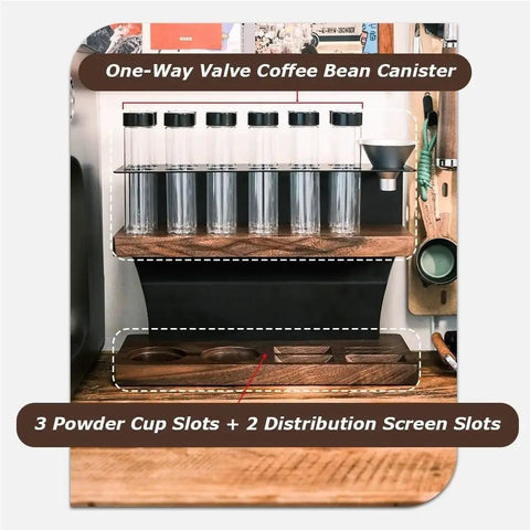 Transform Your Counter Into A Lowkey Essential Coffee Bar With This Badass 2 Tier Organizer Stand built on solid wood and carbon steel frame with 3 powder cup slots and 2 distribution screen slots.