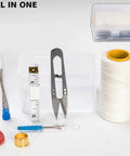 All In One Sail Repair Kit With Sail Needle And Thick Waxed Twine in storage box, scissors, thimble, measuring tape.