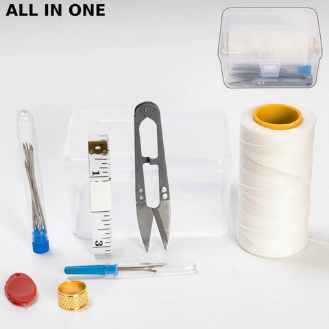 All In One Sail Repair Kit With Sail Needle And Thick Waxed Twine in storage box, scissors, thimble, measuring tape.