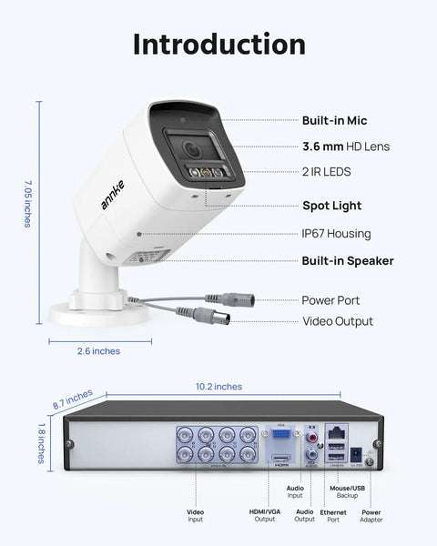 3K Two Way Audio Security Camera System With 8 Channel H265 Plus DVR shown with dimensions and technical features labeled