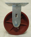 Six Inch Heavy Duty Ductile Steel Caster Set Kingpinless Wheel Brakes Tough As Nails Two Thousand Pounds Each Four Pack Includes Two Swivel And Two Rigid Red Roller Bearings Roll Slick Under Heavy Workloads, single red wheel with metal bracket.