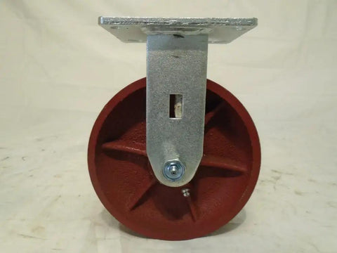 Six Inch Heavy Duty Ductile Steel Caster Set Kingpinless Wheel Brakes Tough As Nails Two Thousand Pounds Each Four Pack Includes Two Swivel And Two Rigid Red Roller Bearings Roll Slick Under Heavy Workloads, single red wheel with metal bracket.