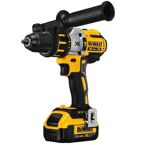 Heavy Hitter 20 Volt Max Brushless Cordless Hammer Drill Kit featuring a black and yellow body, designed for heavy job site work.
