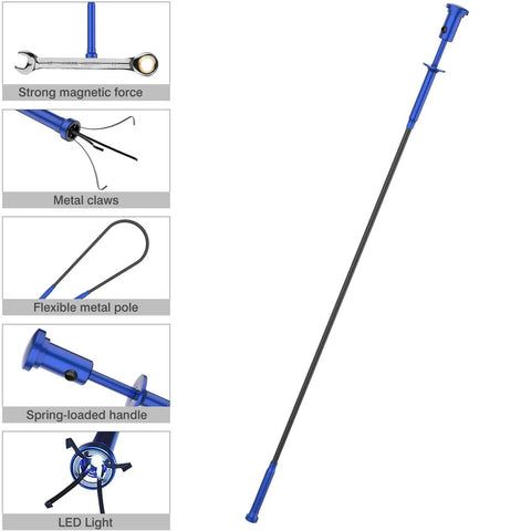 Housolution magnetic four-claw grabber tool with LED light, blue long bendable reacher