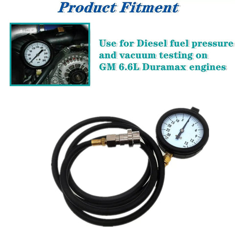 Duramax Diesel Fuel Pressure Tester Gauge Kit With Quick Coupler 30 inHg To 15 PSI Range 6 Ft Hose For GM Duramax 6.6L Diesel Fuel System Diagnostics And Troubleshooting, hose and gauge
