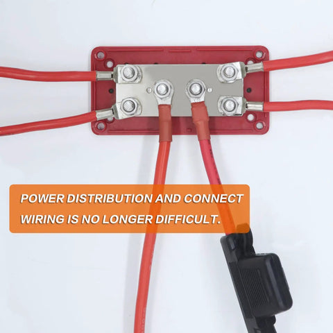 Badass Heavy Duty 450 Amp 12-48 Volt Busbar Box With Six M8 Studs Nickel Plated Copper Power Distribution Block close-up wiring.