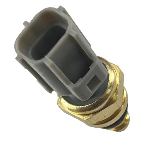 Close-up of engine coolant temperature sensor with gray plastic connector and brass threaded body