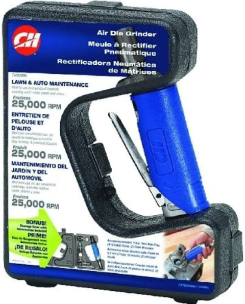 Rugged 1/4 Inch Pneumatic Die Grinder Packing Hella Fast 25000 RPM Power For Straight Up Deburring Polishing And Metal Prep Jobs At Your Local Shop Today displayed in a protective case.