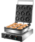 Shop Grade Electric Donut Maker With Nonstick Pan And Double Sided Heating, featuring nine donuts in a heavy duty stainless build.