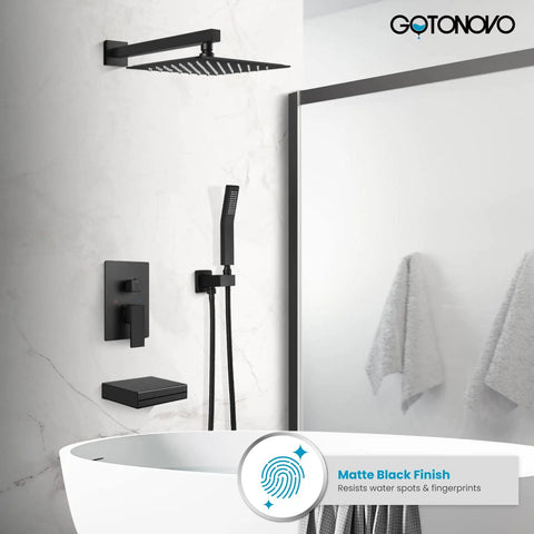 Complete Shower System With Tub Spout And Rainfall Head Waterfall Spout Handheld Spray Wall Mount Valve Kit Ten Inch Chrome Shower Head Brass Rough In Valve High Flow One Point Four One GPM No Fuss Install displayed in modern bathroom
