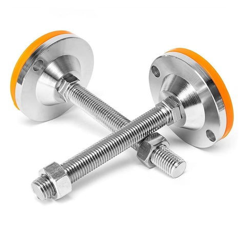Hardcore Adjustable Leveling Feet M8 M10 M12 Threaded Carbon Steel Machine Legs For Furniture And Heavy Machinery 6 Pack showing two steel legs with orange rubber pads.