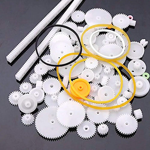 75 Type Plastic Crown Gear Set for DIY projects, shown with reduction worm gears, bevel gear, pulley, belt, connecting rack.