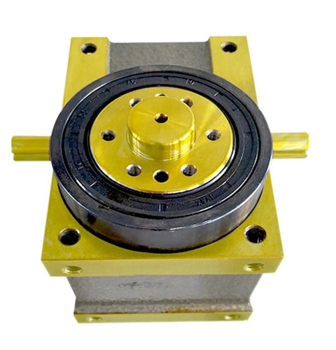 Heavy Duty Workhorse Cam Indexer And Intermittent Indexing Table Featuring A Slick 360 Degree Drive Angle For Multi Station Automation Rig Setup In Precision Machining And Robotic Assembly Lines, yellow and black cam drive mechanism.