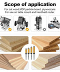 Top And Bottom Bearing Flush Trim Router Bits Set illustrating application on wood materials and compatible routers