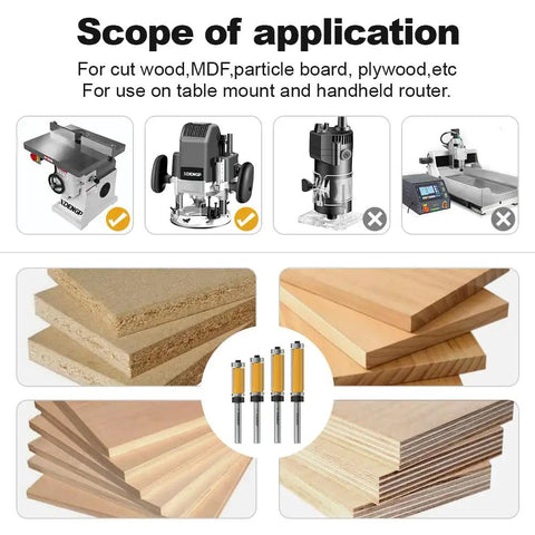 Top And Bottom Bearing Flush Trim Router Bits Set illustrating application on wood materials and compatible routers