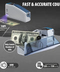Slick Handheld Money Counter With Ultraviolet And Magnetic Detection For fast cash counting, showing UV light scanning bills.
