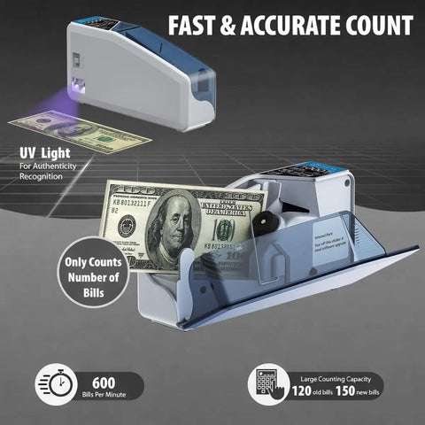 Slick Handheld Money Counter With Ultraviolet And Magnetic Detection For fast cash counting, showing UV light scanning bills.