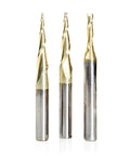 Pro Grade Up Cut Spiral CNC Router Bit Set ZrN Coated Heavy Duty End Mill Tools For Badass Wood Plastic And Aluminum Routing and Smooth 2D 3D Carving 1/4 Shank 3 Pc Kit, 3 bits with various spiral designs.