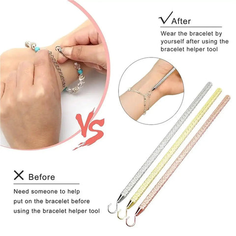 Rose Gold Bracelet Helper Tool Kit 12Pcs One Hand Jewelry Plier Clip Set For DIY Necklace And Watch Clasps Closures Easy On One Hand Operation No Help Needed Perfect Bracelet Assist Tools For Quick Secure Put On, bracelet clasp assist tool shown with hands