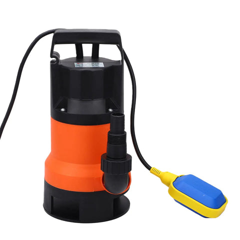 Automatic Submersible Utility Pump With Auto Shutoff Float Switch Blasts Through 1000W Loads For Stress Free Basement Flooding And Quick Yard Drainage Heavy Duty Set It Forget It Workhorse with yellow float switch and orange housing.