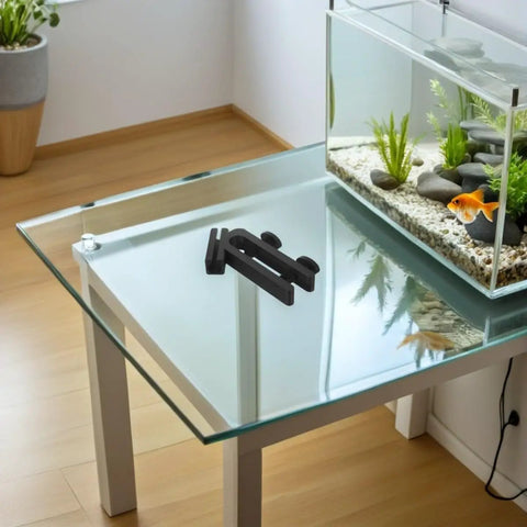 Fish Tank Water Hose Clip Holder For Aquarium Hose Clamp Made Of ABS Plastic on glass table near aquarium