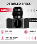 6AN Male Flare To Minus Six Female Swivel Fuel Pressure Takeoff Fitting Adapter Aluminum With One Eighth Inch NPT Gauge Port