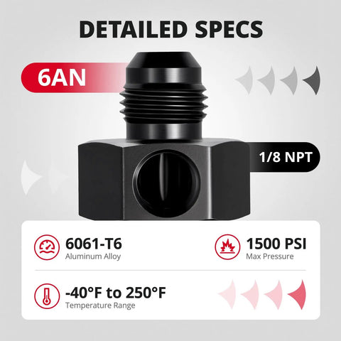 6AN Male Flare To Minus Six Female Swivel Fuel Pressure Takeoff Fitting Adapter Aluminum With One Eighth Inch NPT Gauge Port