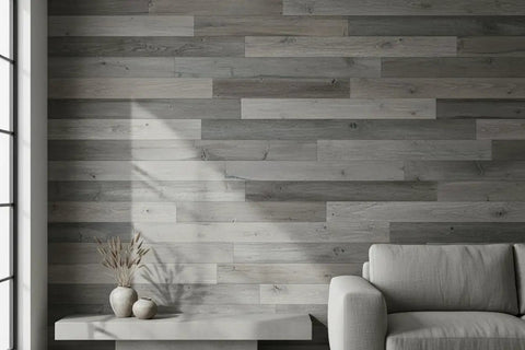 Heritage Gray Reactive Water Based VOC Free Interior Wood Stain 55 Gallon Tank on weathered wood wall with soft gray tones.