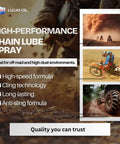 Heavy Duty Chain Lube 6 Pack 11 Oz Cans Fast Drying Zero Mess Formula For Motorcycle And Atv O Ring Roller Chains Gears Drive Systems Runs Like Butter Rust Busting Built Tough For Real Dirt Roads. High-performance chain lube spray image with off-road vehicles.