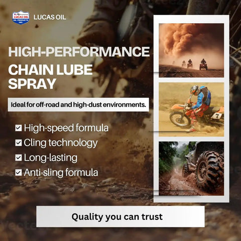 Heavy Duty Chain Lube 6 Pack 11 Oz Cans Fast Drying Zero Mess Formula For Motorcycle And Atv O Ring Roller Chains Gears Drive Systems Runs Like Butter Rust Busting Built Tough For Real Dirt Roads. High-performance chain lube spray image with off-road vehicles.
