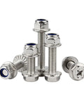Cross Flange M6 Hex Bolts With Serrated Flange Heads And Anti Loosening Nuts Kit, 20 Sets, Stainless Steel Fasteners on white background