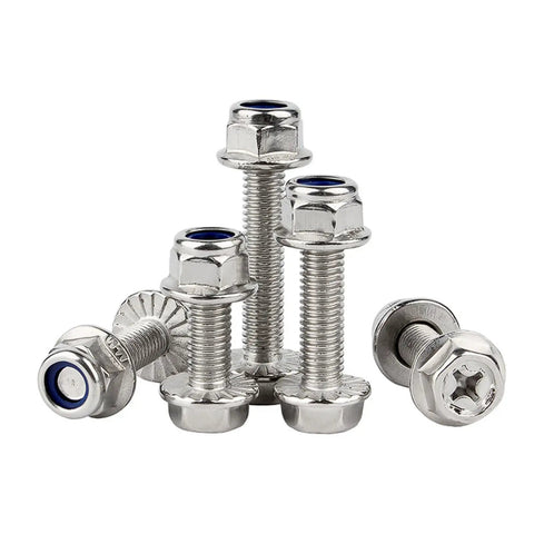 Cross Flange M6 Hex Bolts With Serrated Flange Heads And Anti Loosening Nuts Kit, 20 Sets, Stainless Steel Fasteners on white background