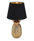 Gold Pineapple Table Lamp With Ceramic Base, Modern Tropical Decor Light For Bedroom Or Living Room, 15.75 Inch Tall, Medium Size, Black Shade