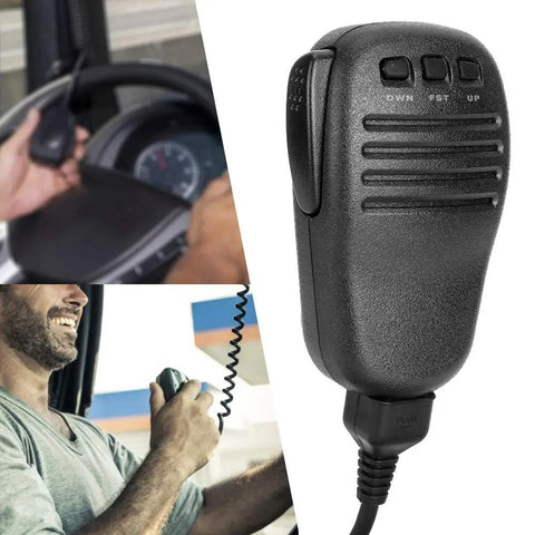Handheld Microphone Speaker For Two Way Radios Compatible With Yaesu FT 817 FT 900 FT 450D, showing plug and ABS build