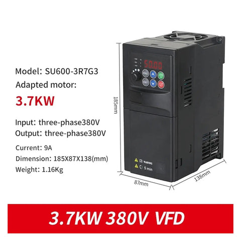 Plug And Play VFD Drive For 3 Phase Motors 1.5KW To 5.5KW 380V Inverter With Digital Display Stepless Speed Control Built In Protections And Easy Parameter Setup For Smooth, Reliable Motor Performance. 3.7kW 380V unit with keypad and display
