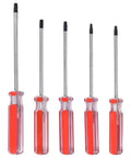 Top Tier 5 Pc Torx Screwdriver Set T15 To T30 Star Bit Kit With Deep Reach Handle Perfect For Impact Driver Usage Electronics Repair and Furniture Build Jobs Made From Tough Chrome Vanadium Steel. Five Torx screwdrivers with red handles and long shafts