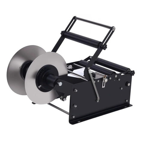 Round Bottle Labeling Machine With Handle For Wine Beer And Water showing a side view of compact design with stainless steel rollers.