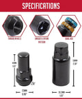 Specifications of Beefy Locking Lug Nut Set With Key For M14 Threads Five Lug Nuts With Bulge End One Point Six Five Inch Long Black