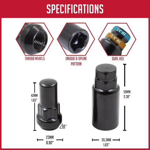 Specifications of Beefy Locking Lug Nut Set With Key For M14 Threads Five Lug Nuts With Bulge End One Point Six Five Inch Long Black