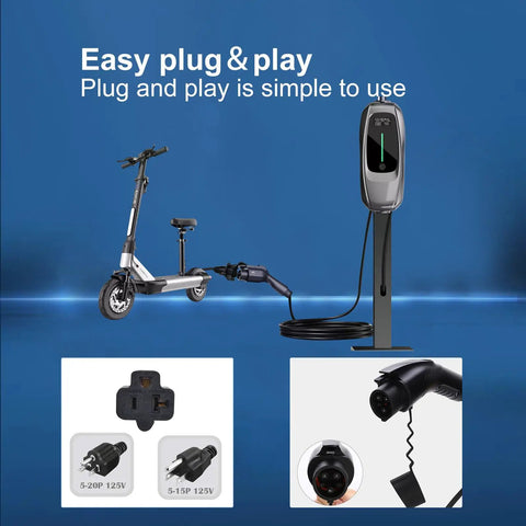 No Sweat J1772 To Nema 5 15 And 5 20 Outlet Adapter With Short Cable connecting electric scooter to charging station.