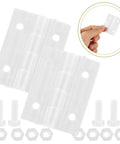 Small Clear Acrylic Door Hinges With Loose Leaf Design for cabinets and boxes, shown with installation hardware and hand size reference