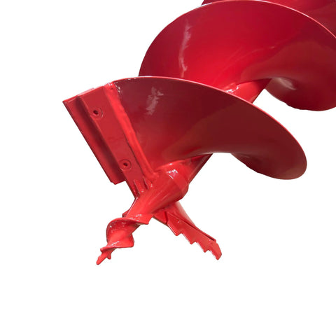 8 Inch Diameter 36 Inch Long Double Spiral Earth Auger Bit With Two Zigzag Replaceable Blades Pro Grade in red metal close-up