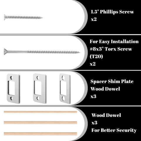 Top Shelf Door Strike Shim Plates With Stainless Steel Spacers Deadbolt Restorer Alignment Kit with screws and dowels for reinforcement.