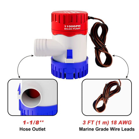1100 GPH 12V Submersible Workhorse Bilge Pump With One And One Eighth Inch Outlet Non Automatic Quiet Marine Water Pump For Boats