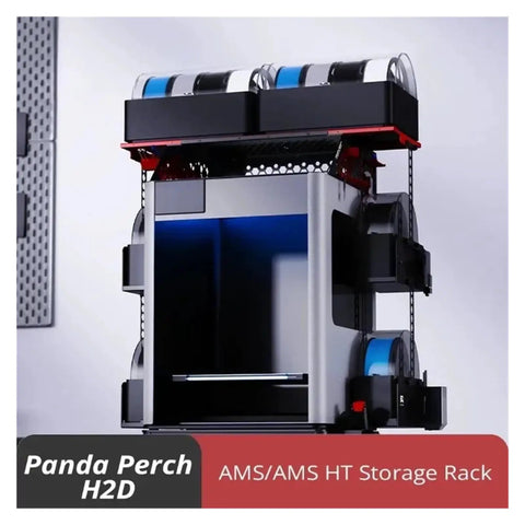 Slick Filament Storage Rack Compatible With Bambu Lab H2 Series mounted alongside printer, holding four AMS HT spools.