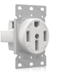 Heavy Duty Nema 14 50 Amp Flush Mount Range Outlet Featuring No Sweat Install Brass Contacts Galvanized Bracket And Rock Solid Grounded Socket For Kitchen Ev Setup Ul Listed White close-up view with mounting plate.